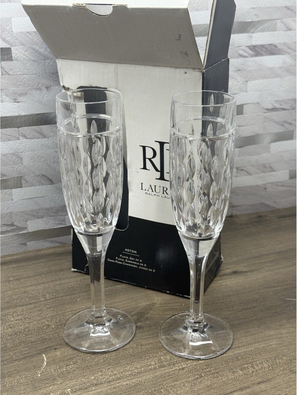 Retired Ralph Lauren Fine Crystal Champagne Flutes Aston Pattern —Set Of 2